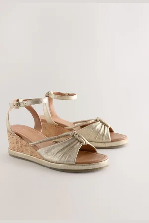 Next Gold Forever Comfort Leather Round Toe Ruched Detail Cork Wedge Heels AU 6 (EU 37)