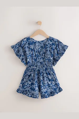 Next Blue Woodblock Printed Frill 100% Cotton Playsuit (3-16yrs) 9 Years (134cm)