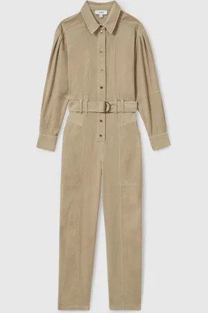 Reiss Neutral Mara Cotton Corduroy Tapered Jumpsuit With Stretch AU 8