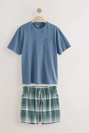 Next Teal Blue Woven Check Short Pyjamas Set XL