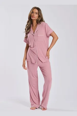 Loungeable Pink Rib Jersey Short Sleeve Traditional And Long Pyjamas S