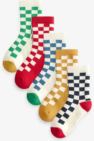 Next Ecru Bright Checkerboard Cosy Terry Cotton Rich Socks 5 Pack 6-8.5 Jnr