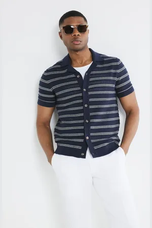 River Island 100% Cotton Short Sleeve Marine Textured Shirt L