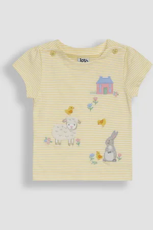 JoJo Maman Bébé Yellow Bunny & Lamb Print Appliqué 100% Cotton T-Shirt 6