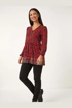 Roman Red Abstract Printed V-Neck Tunic Top AU 12