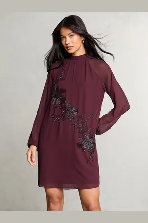 Lipsy London Petite Long Sleeve Hand Embellished Artwork Mini Shift Dress AU 12