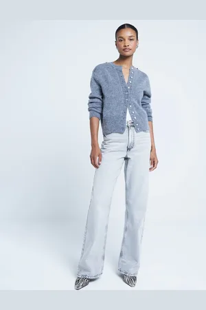 River Island Grey High Waisted Relaxed Straight 100% Cotton Jeans AU 10 S
