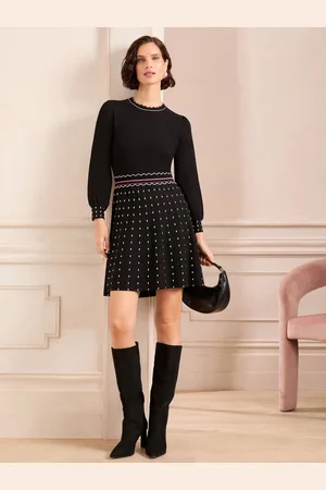 Love & Roses Petite Fine Gauge Scallop Detail Spot Knitted Mini Dress AU 16