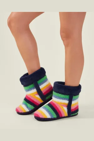 Accessorize Black Fluffy Stripe Boot Slippers L