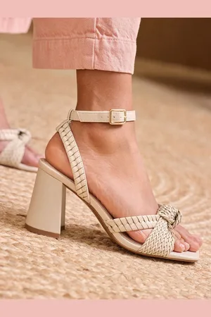 Love & Roses Ecru Woven Knot Mid Block Faux Leather Heels Sandals eu38uk5