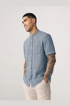 Next Grandad Collar Cotton Linen Blend Short Sleeve Shirt L