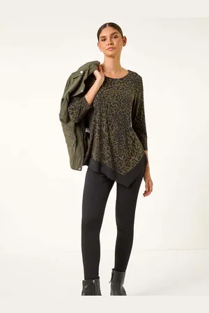 Roman Green Animal Print Chiffon Hem Stretch Top AU 16