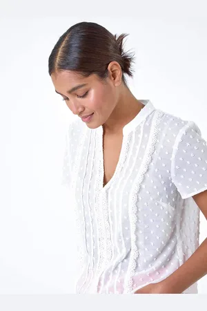 Roman White Textured Spot Lace Trim Top AU 16