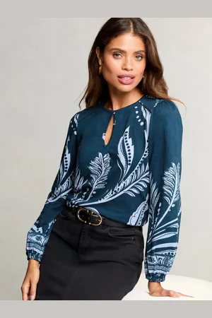 Lipsy London Blue Printed Keyhole Long Sleeve Top AU 6