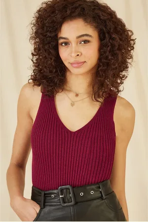 Yumi Red Metallic Rib Knitted Vest Top large