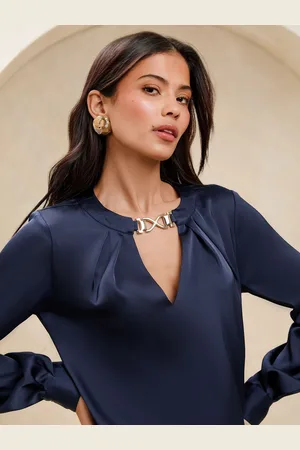 Lipsy London Navy Satin Trim Detail Blouse AU 16