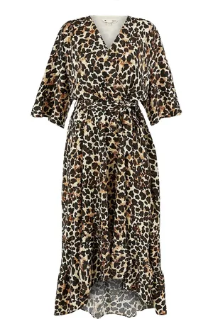 Yumi Leopard Print Midi Wrap Dress With Kimono Sleeves AU 12