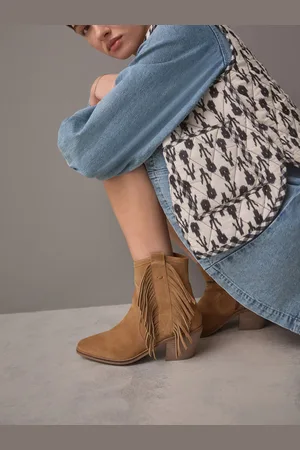 Next Tan Brown Suede Forever Comfort Boho Fringe Cowboy Ankle Boots AU 9 (EU 41)