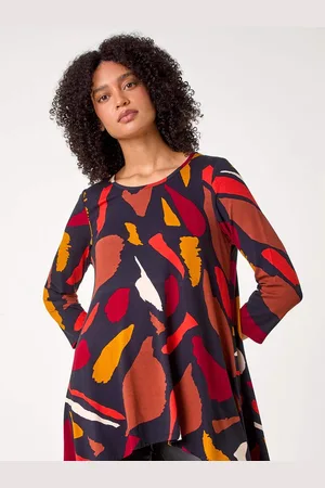 Roman Red Abstract Print Hanky Hem Stretch Top AU 14