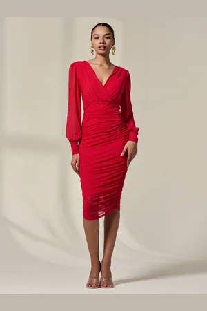 Jolie Moi Long Sleeve Ruched Mesh Midi Dress 8