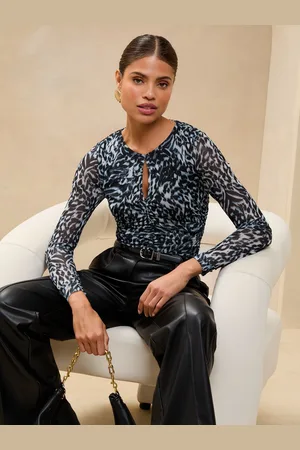 Lipsy London Blue Ruched Mesh Long Sleeve Top AU 6