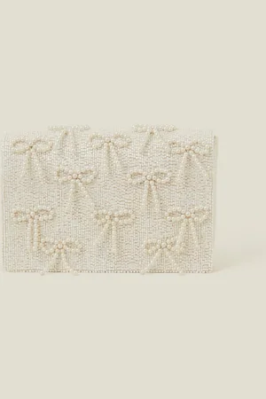 Accessorize Natural Bridal Pearl Bow Clutch Bag one
