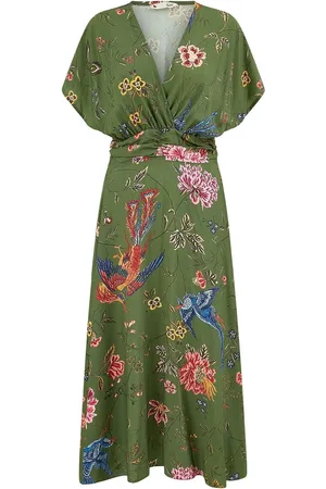 Yumi Viscose Bird and Floral Print Kimono Midi Dress AU 8
