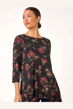 Roman Red Floral Print Lace Trim Stretch Top 12