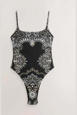 Next Black Paisley Bandana Print Tummy Control High Leg Scoop Swimsuit AU 16