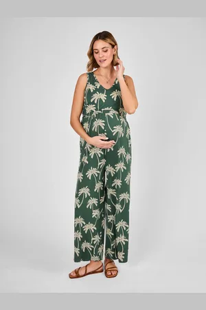 JoJo Maman Bébé Khaki Maternity Palm Print Wide Leg Jersey Jumpsuit L