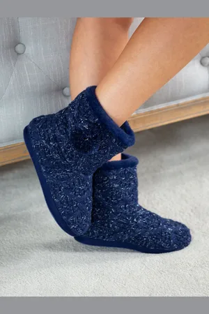 Pour Moi Blue Cable Knit Faux Fur Lined Bootie Slippers UK 3