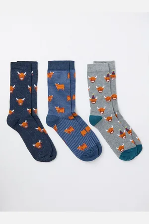 Fat Face FatFace Blue 3 Pairs of Highland Cow Socks AU 9.5-11