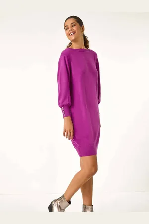 Roman Button Detail Slash Neck Knitted Stretch Jumper Dress AU 10