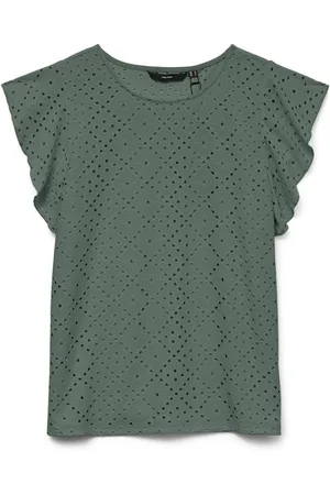 VERO MODA Green Broderie Short Sleeve T-Shirt