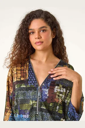 Roman Green Abstract Print Front Zip Stretch Top AU 12