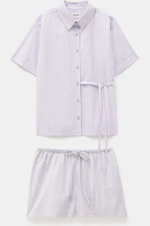 Hush Puppies Purple 100% Cotton Poplin Stripe Short Pyjamas Set L