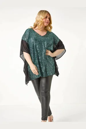 Roman Green Curve Full Sequin Chiffon Overlay Top AU 22-24