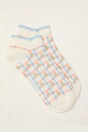 Fat Face FatFace White Check Floral Trainer Socks One