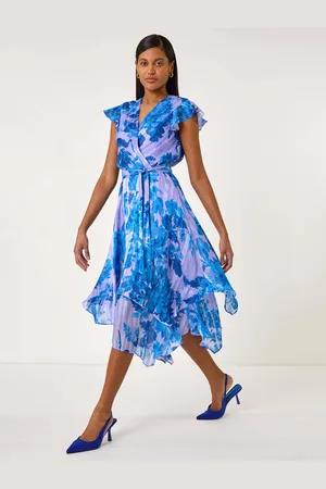 Roman Floral Frill Midi Wrap Dress AU 16