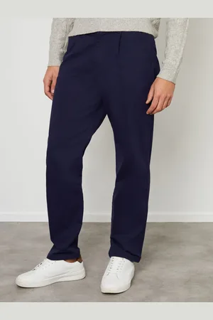Threadbare Navy Cotton Straight Leg Pleated Chino Trousers With Stretch 32