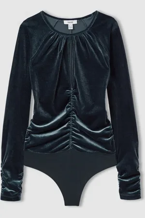 Reiss Slate Blue Etta Velvet Ruched Keyhole Bodysuit AU 10