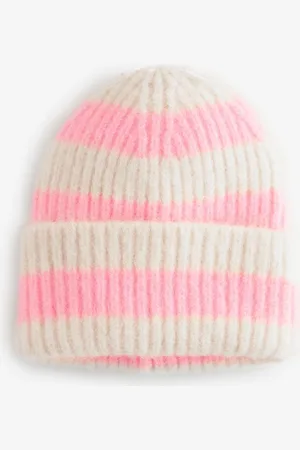 Next Ecru Cream/Pink Stripe Rib Beanie Hat (1-16yrs) 1