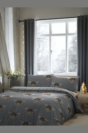 FUSION Grey Highland Cow Easy Care Duvet Cover And Pillowcase Set Single