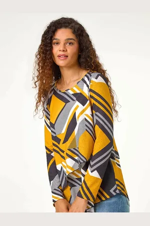Roman Yellow Geometric Print Wrap Tunic Stretch Top AU 20