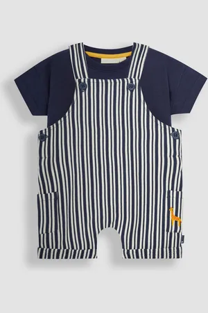 JoJo Maman Bébé Navy Blue Stripe Dungarees & T-Shirt 2-Piece Set Upto 3 Months (50