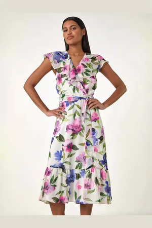 Roman Floral Print Frill Wrap Midi Dress AU 12