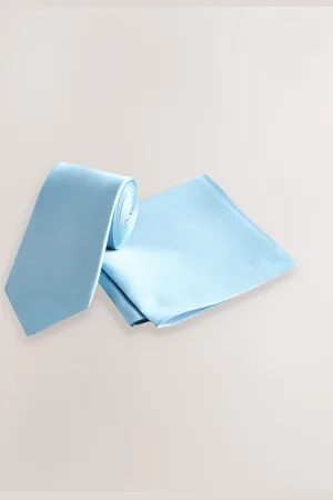 Next Pastel Blue Silk Tie And Pocket Square Set One
