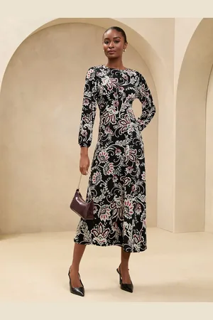 Lipsy London Long Sleeve Printed Jersey Underbust Midi Dress AU 18
