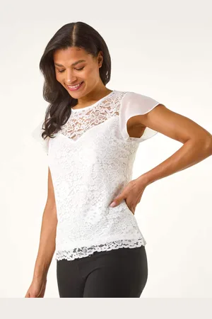 Roman Cream Chiffon Sleeve Floral Print Lace Blouse AU 20