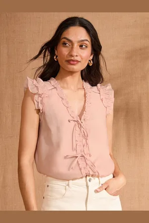 Love & Roses Pink Frill Short Sleeve V-Neck Blouse AU 16